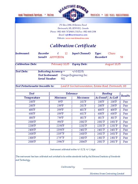 Calibration Certificate Sample Calibration Scientific Observation