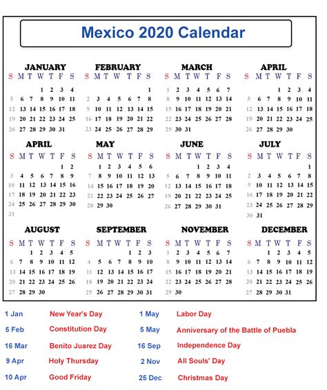 Free 2020 Mexico Printable Calendar With Public Holidays