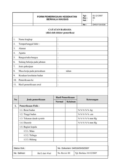 DOC Form 04 016 OHS 2007 Tes Kesehatan Berkala DOKUMEN TIPS
