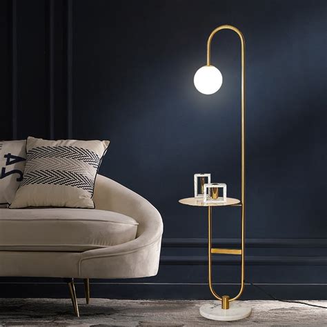 60 Modern Arc Floor Lamp With Shelf In Gold With Glass Shade And Marble