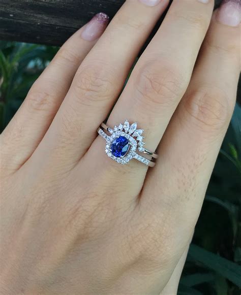 Blue Sapphire Halo Engagement Ring Set Genuine Oval Sapphire Bridal