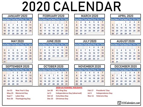 2020 Calendar Federal Holidays Calendar Printable Free