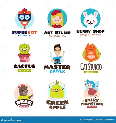 Cartoon Mascots Vector Set Kids Logo Design Templates Stock Vector