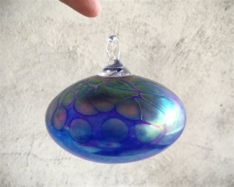 Vintage Hand Blown Iridescent Blue Glass Ornament Handcrafted Favrene Glass Bulb Window Suncatcher