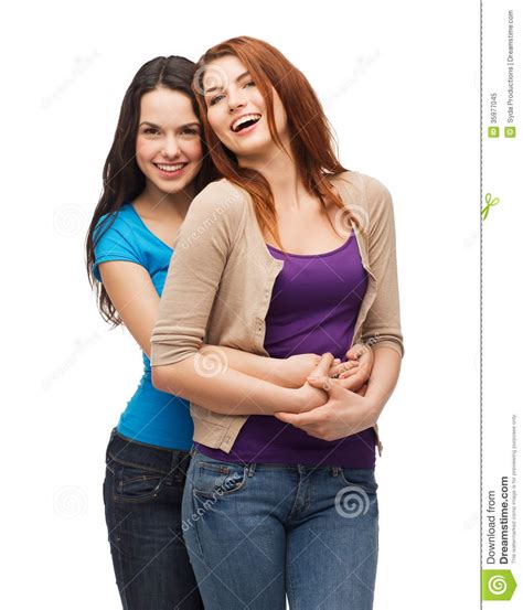 Two Laughing Girls Hugging Stock Image Image Of Emotion