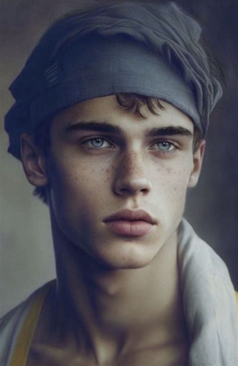 a man with a bandana on his head is looking at the camera and has blue eyes