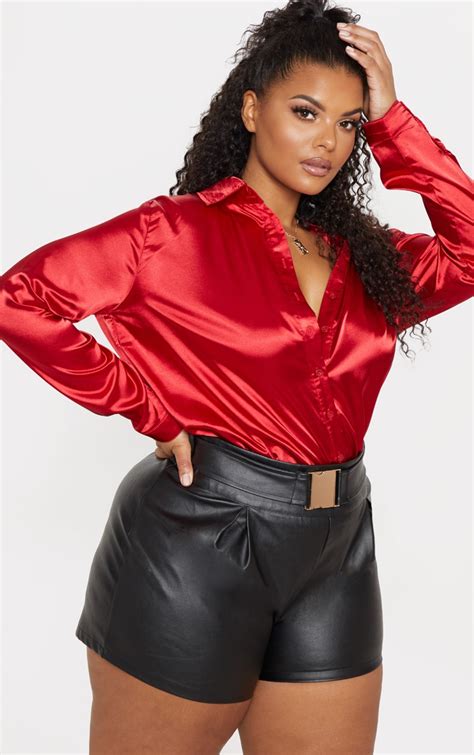 Plus Red Satin Shirt Plus Size Prettylittlething