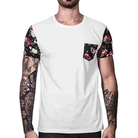 New Fashion T Shirt Men Floral Print Tee Shirt Slim Short Sleeve Tshirt