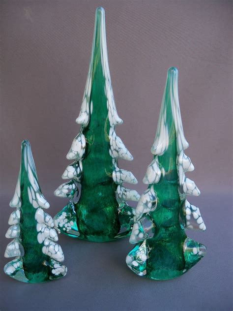 Hand Blown Art Glass Christmas Trees Set Of 3