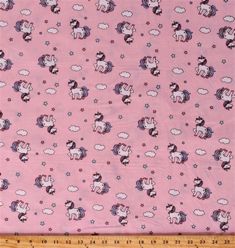 Cotton Unicorns Magical Stars Clouds Pink Cotton Fabric Print By The