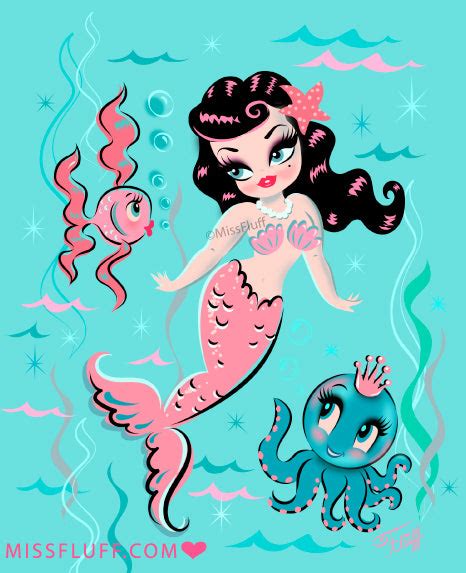 Babydoll Mermaid With Raven Hair And Octopus Prince • Art Print Miss
