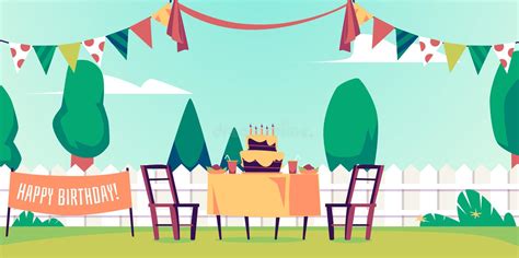 Birthday Backyard Party Outside Decorations Flat Cartoon Vector