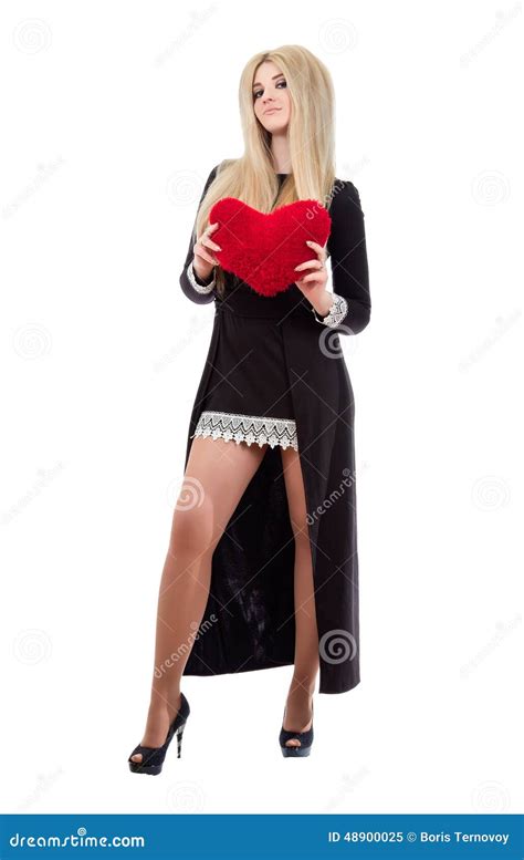 Beautiful Blonde Woman Holding Red Heart Stock Image Image Of Blonde Laughing 48900025