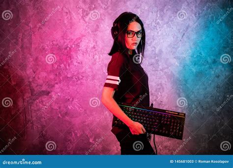 Funny Nerd Gamer Girl Posing With Gaming Keyboard Playing Computer Games Stock Image Image Of