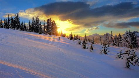 Colinas Nevadas En La Puesta De Sol Montañas Cubiertas De Nieve Y
