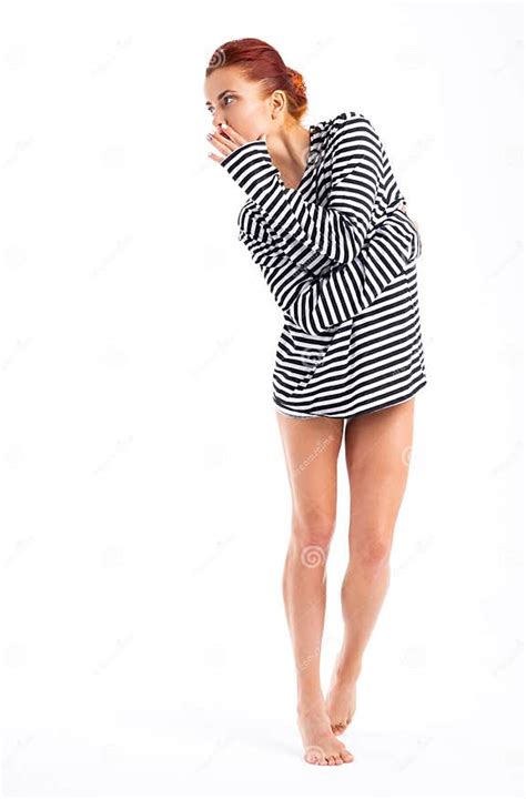 Beautiful Slim Naked Woman Isolated On White Stripes T Shirt Stock