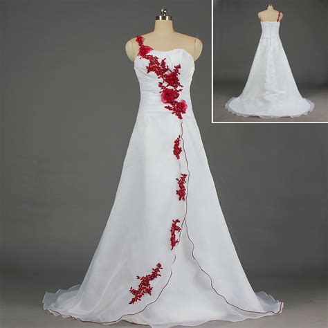 China One Shoulder Red And White A Line Bridal Wedding Dress With Lace