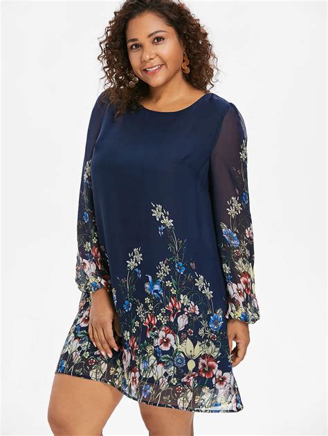 Wipalo Navy Blue Plus Size Floral Embroidery Tunic Dress Spring Summer