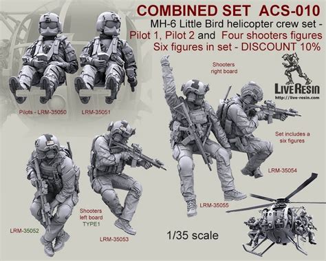 combined set mh 6 little bird helicopter crew set pilot 1 pilot 2 and four shooters figures