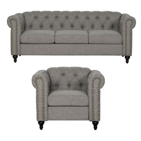 2 Piece Living Room Tufted Sofa Set With Sofa And Armchair In Gray