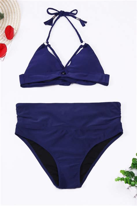 Navy Blue Solid 2pcs Braided Halter Beach Bottom Bikini Swimsuit With 19 98 In 2020 Bikinis