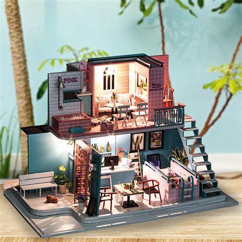 Handmade all the parts together by yourself, enjoy the pleasure of creating your dream house. Handmade 3d wooden miniatures doll house pink cafe ...