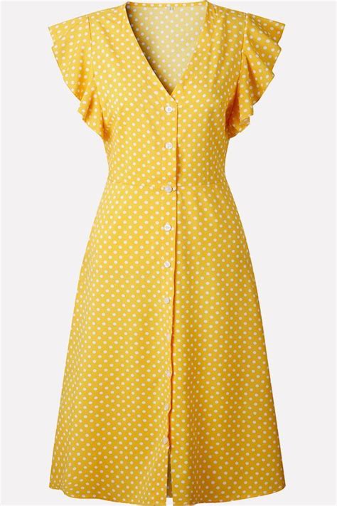 Yellow Polka Dot Ruffle Trim Casual A Line Dress Casual Dresses
