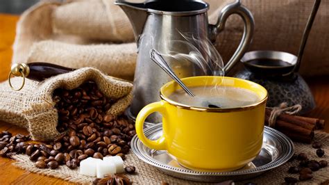 Wallpaper Yellow Cup Coffee Beans Steam 3840x2160 Uhd 4k Picture Image