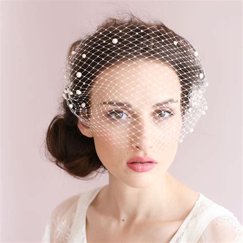 pearl adorned bandeau birdcage veil with comb short meshed net wedding blusher bandeau veil