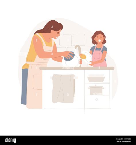 Teach Washing Dishes Isolated Cartoon Vector Illustration Kid Helps