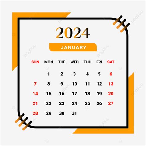 Kalender Bulan Januari 2024 Dengan Warna Hitam Dan Kuning Vektor