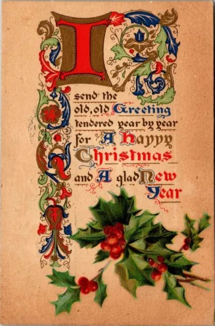 Vintage 1910 Christmas Poem Holly Leaves Embossed Merry Christmas