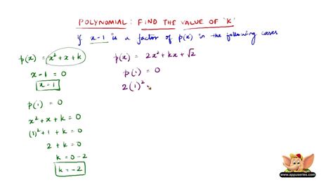Find The Value Of K If X 1 Is A Factor Of Px In The Given Equations Youtube