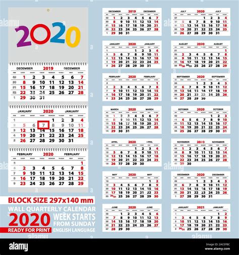 Wall Calendar 2020 Week Start From Sunday Size A4 Block Size 297x140