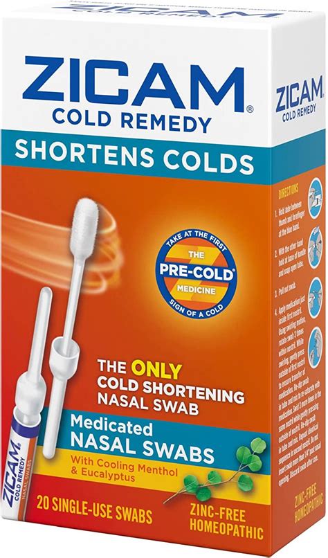 Zicam Cold Remedy Nasal Swabs With Cooling Menthol Eucalyptus 20 Count Pack Of 1