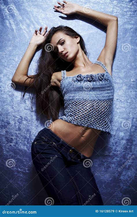 Beautiful Glamour Woman Posing In Blue Stock Image Image Of Brightly