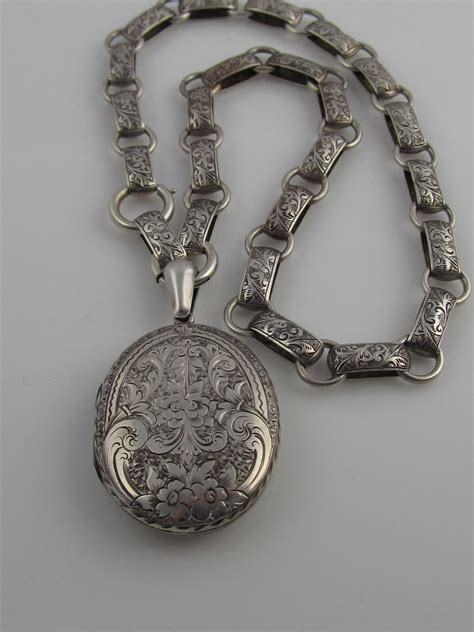 Victorian Hand Engraved Sterling Silver Locket With Original Book Chain