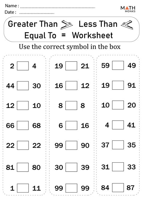 2nd Grade Math Worksheets Greater Than Less Than Equal To Greater