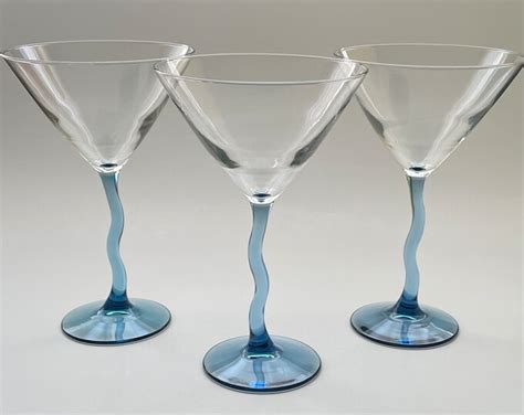 Set Of 3 Blue Wavy Stem Martini Glasses By Libby Retro 1980s Libby Z