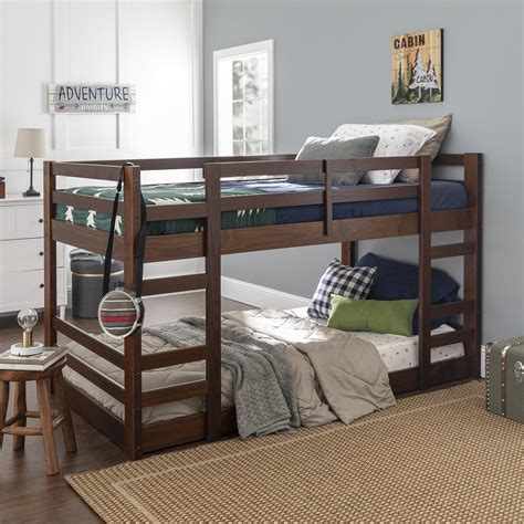 Walker Edison Solid Wood Twin Over Twin Floor Bunk Bed Walnut