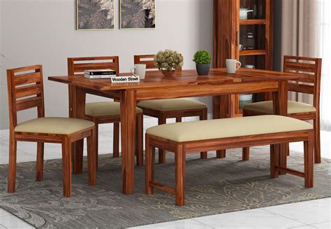 Modern wooden 6 seater dining table set. Buy Advin 6 Seater Extendable With Bench Dining Set (Honey ...