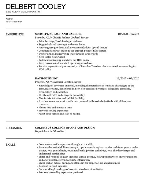 Resume For Cocktail Waitress