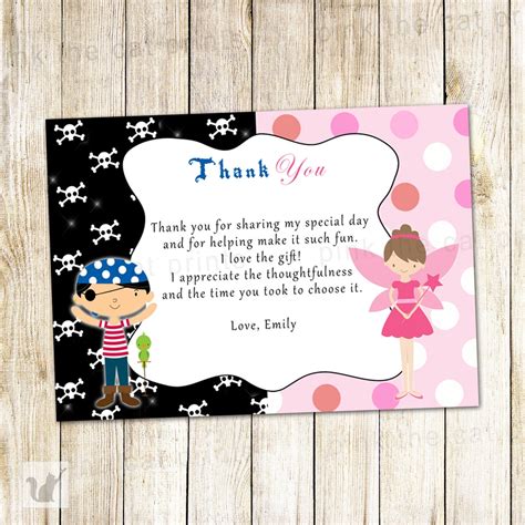Pirate Fairy Thank You Card Pixie Kids Birthday Party Notes
