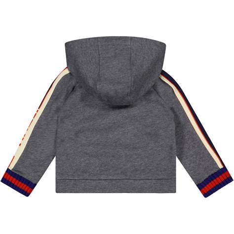 Gucci Baby Hoodie In Grey With Logo Racing Stripe And Striped Cuffs