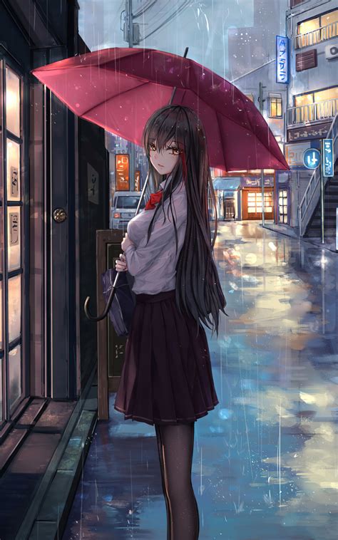800x1280 Anime Girl Rain Umbrella Looking At Viewer Nexus 7samsung