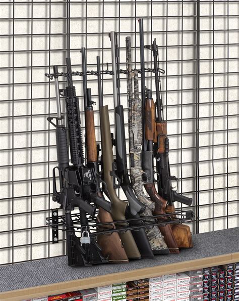 They provide affordable and secure locking gun storage for gun safety at home as well as other places that store firearms. 2′ 8-Rifle Grid Wall Locking Shelf Display (SKU 6861 ...