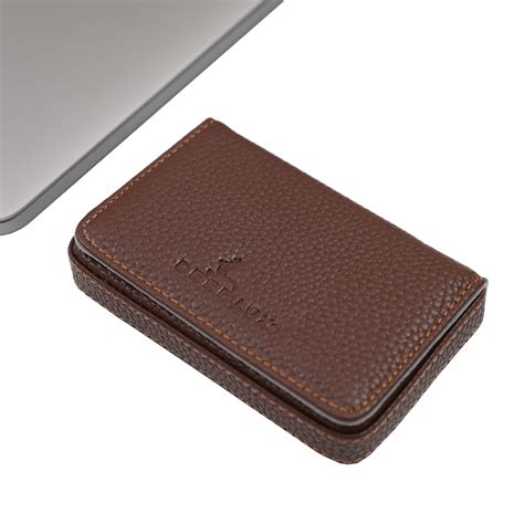 Brown Leather Card Case Small Leather Wallet Card Holder With Magnetic