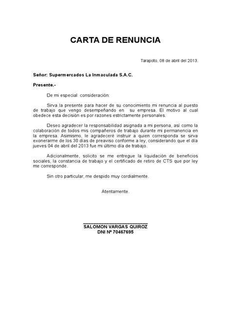 Modelo De Carta De Renuncia Al Sindicato Peru Financial Report