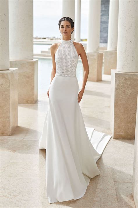 Lightweight Aline Wedding Dress In Beaded Lace And Crepe Halter