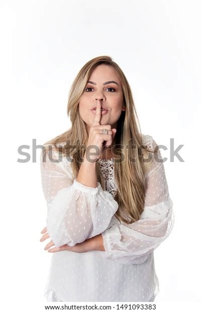 White Background Woman Asking Silence Stock Photo Edit Now 1491093383
